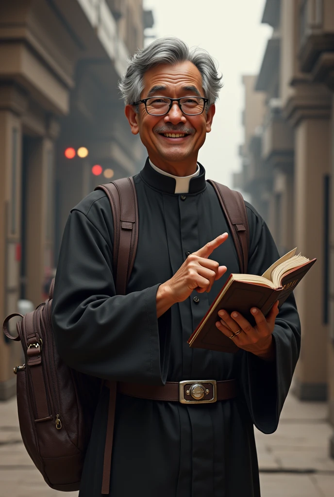 Create a Star Wars style image of a 63-year-old Latino man,indigenous brunette face, using reading glasses, gray curly hair, Side-parted hairstyle and formal dress, holding a bible in his left hand and pointing at the bible with his index finger of his right hand, smiling placidly, He doesn&#39;t have a beard or a moustache and looks clean shaven., In the book it should only say BIBLE,without images, He carries a backpack and an umbrella hanging from the same backpack 
