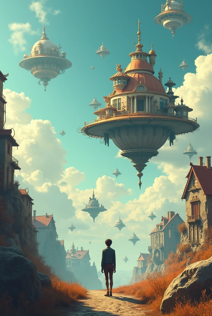 Many Flying house, seeing the human,and flying cars