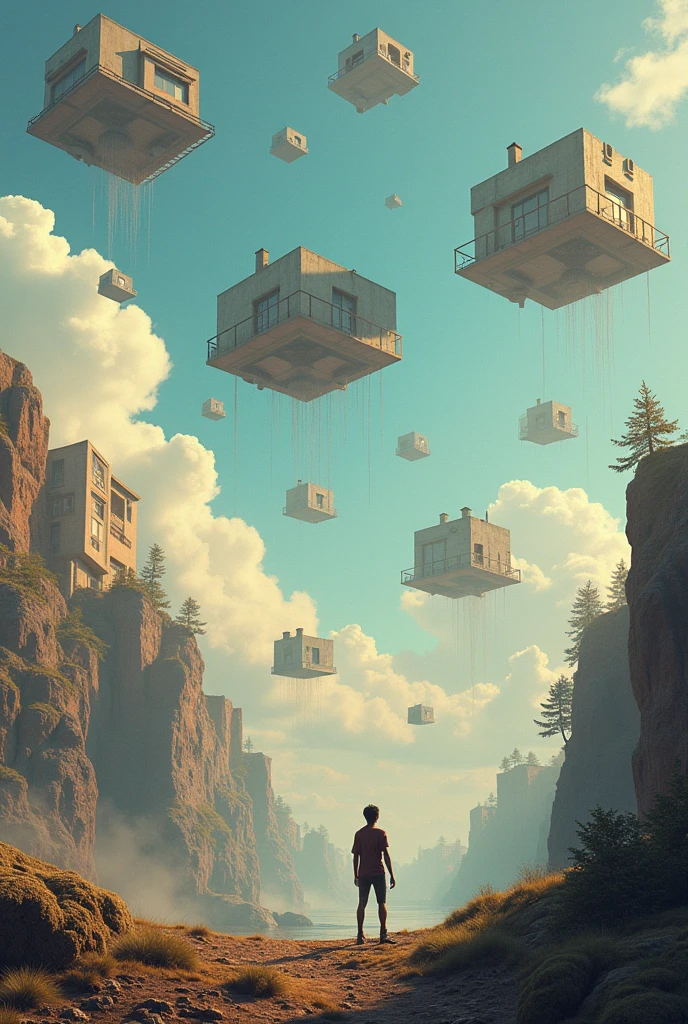 Many Flying house, seeing the human,and flying cars