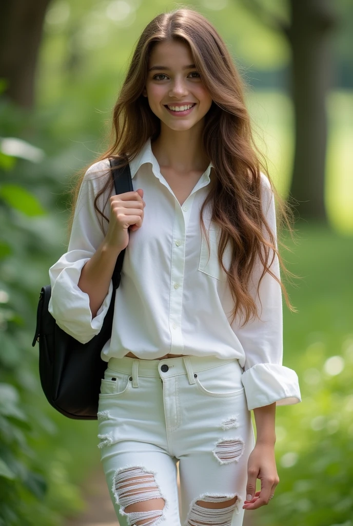 ((Best Quality)), ((masterpiece)), (detailed), 1 young girl of 1, long brown hair, young student, youth blouse, ripped white jeans pants, green background,  black backpack