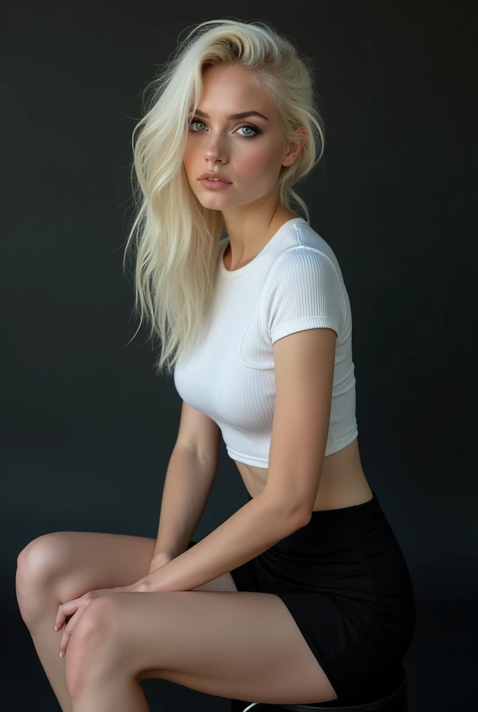 A (((full-body))), well-lit professional modeling photograph of an ethereally beautiful 18-year-old fashion model. She has youthful caucasian features and ((very pale white skin)). Her eyes are a striking blue, and she is wearing ((heavy black eye makeup)). She has a very slim, body with long thin legs and large round breasts. She is wearing a tight white crop top, a very short black miniskirt, and black boots. She is sitting in a provocative pose that shows off her legs, and her (((whole body from head to toe))) is shown in the photo.