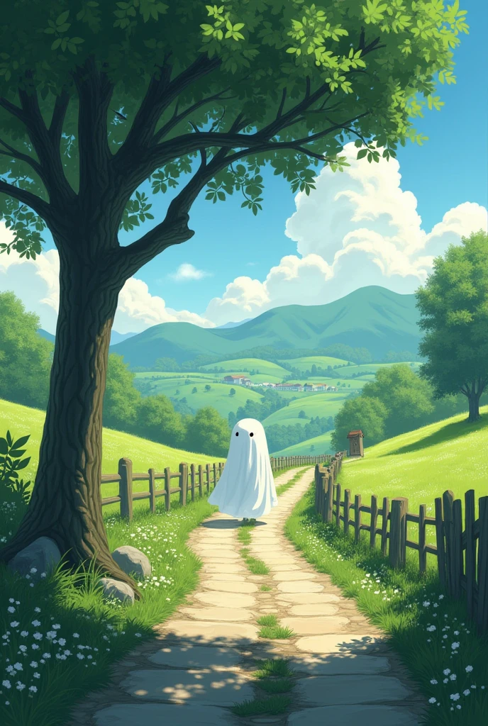 A ghost watches over you as you walk down a Ghibli-style country road