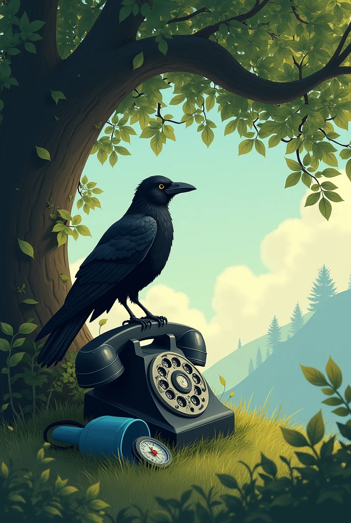 Telephone is ringing n tree. A crow sit on telephone. A blue cylinder is under the tree. A compass is roaming
