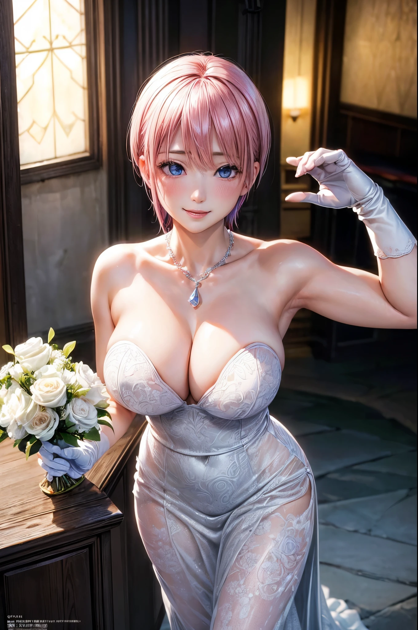 (masterpiece, Highest quality:1.3), (Super detailed:1.4),(Super detailed顔:1.2),(Super detailed目:1.2), (hyperRealistic:1.3), (RAW Photos:1.2), High-definition RAW color photos, Professional photos, (PhotoRealistic:1.4), (Realistic:1.4),8k,Professional Lighting, Perfect Anatomy, BREAK,(Big Breasts:1.6),(blush:1.2),(Bright smile:1.2),detail, Sharp focus, dramatic,dutch angle,(Sexy gravure pose:1.2),ichika nakano, short hair, bangs, Blue eyes, hair between eyes, pink hair, strapless wedding dress, white gloves,Church with a view of the sea,wedding,Diamond Necklace