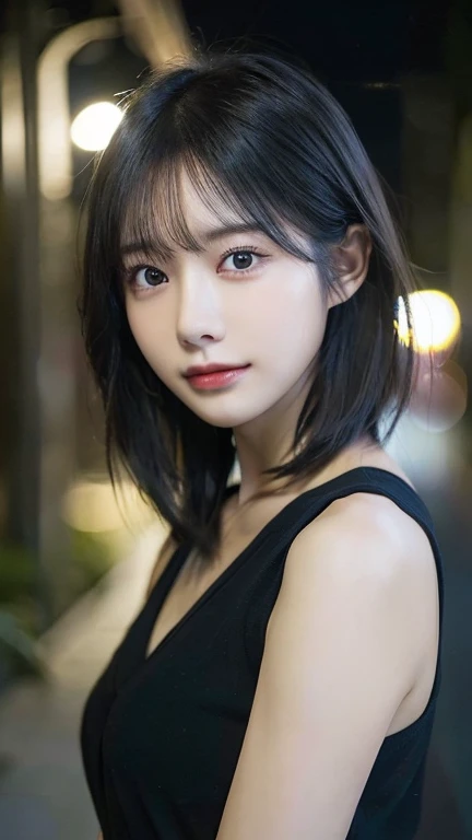 (Highest quality,masterpiece:1.3,Ultra-high resolution,),(Very detailedな,Caustics),(Photorealistic:1.4,RAW shooting,)Ultra-Realistic Capture,Very detailed,High resolution 16K for human skin、 Natural skin texture、Office Casual、Skin tone is even and healthy looking、 Use natural light and colour,One Woman,Japanese,,cute,Black-haired,Mid-length hair,(Written boundary depth、chromatic aberration、、Wide range of lighting、Natural Shading、)、(Outdoor lighting at night:1.4)、(Hair swaying in the wind:1)、short hair