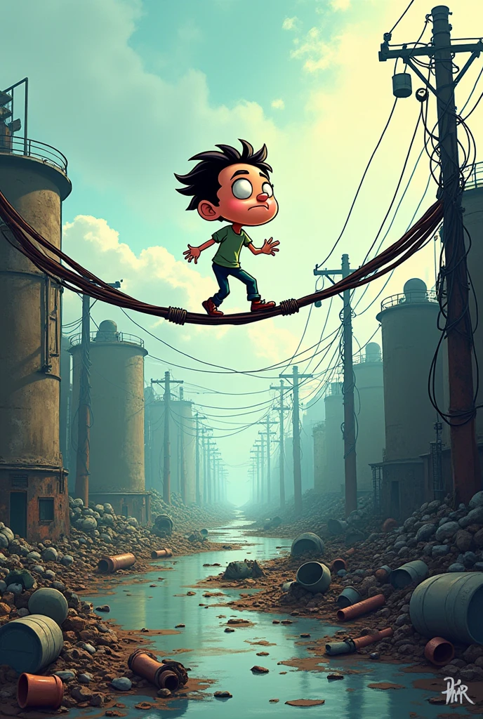 A cartoon acrobat walks a tightrope made of electrical cables and waste pipes. He is balancing himself while looking down nervously.. Below, The ground is covered with pollution and industrial waste, showing the associated environmental risk.