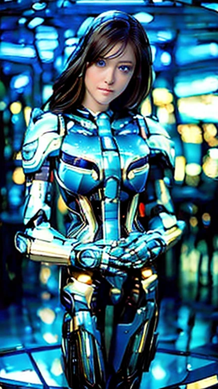 Wide-angle shot, 1 female, Mecha, Sparkling Blue Eyes, Very cute face, (Realistic:1.37), バイオMechaニカル, Spaceship interior bokeh background, Ultra-realistic, Very detailed, Very intricate details, Beautiful woman in focus