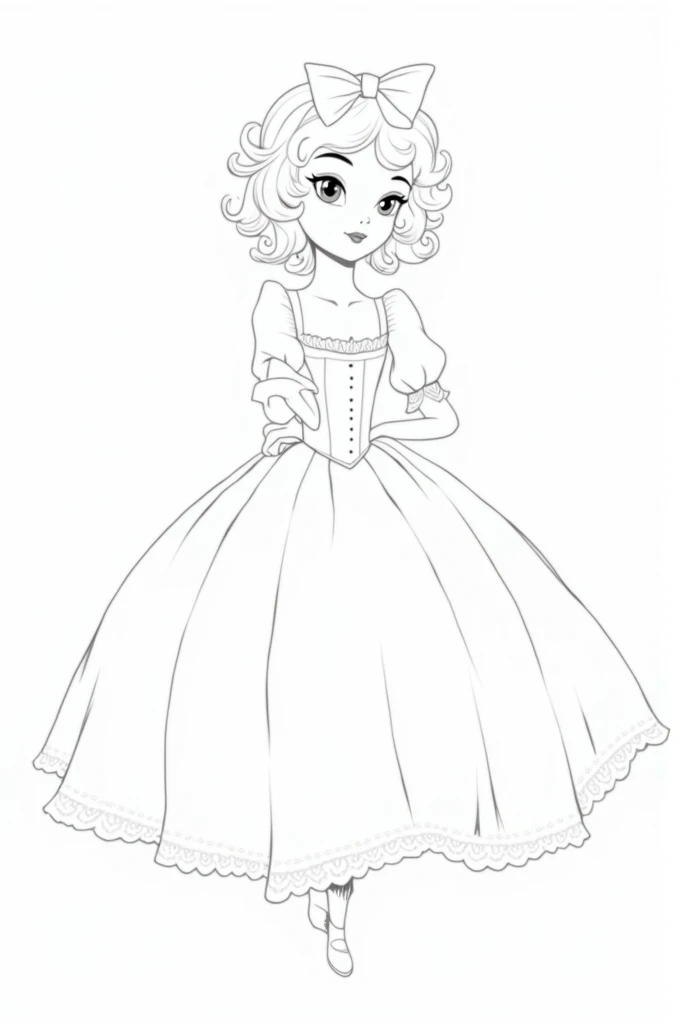 non-coloured, coloring pages for adults, an image of a Girl with curly locks and a bow, wearing a lace dress and corset, holding a fan, cartoon style, thick lines, low detail, black and white, no shading