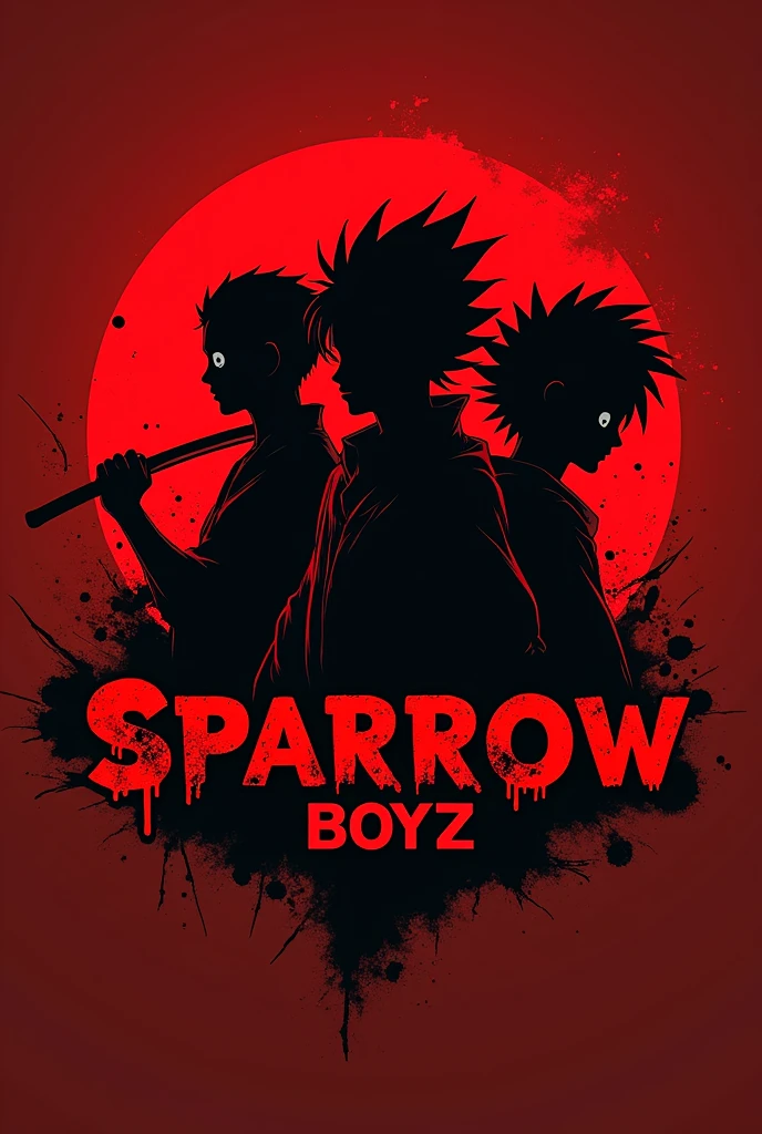 Logo for free fire Gulid anime Luffy Naruto itachi goku and down side write Sparow Boyz style very cool and red vibes and anime characters black and it’s perfect but has Liffey and is anime clout theme black name Sparow Boyz write 
