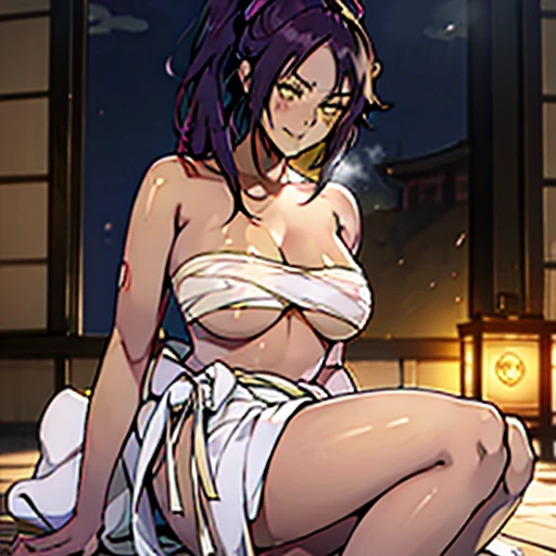  ((Master quality, 8K, masterpiece:1.3, ultra-detailed, high resolution, RAW Photos, detailed , blurry, Actual, hyper realistic, photo, HDR)), BREAK, Anatomically perfect, perfect hands, perfect legs, perfect feet, detailed eyes, BREAK, One person alone, yoruichi shihouin, long hair, (yellow eyes:1.5), ponytail, purple hair, (((dark skin, dark-skinned female))),, BREAK, beautiful face, beautiful detailed eyes, (staring at the camera , Sitting, Soak up to your chest in hot springs), , ( Round and Stacked Breasts, Erect nipples:0.8 ), Cleavage, abs, (((blush, seductive smile ))), Sweat-soaked skin, BREAK, wearing(, sarashi:2.5 only , Japanese Loincloth, Wet:1.5, see-through), , Graffiti art, BREAK, ( Random Angle, full-body, ), dynamic angle, , background(Realistic , cinematic lighting, depth of field, night , only one the full moon,, Samurai residence city atmosphere, hot spring , (((Rising steam))), light particles)