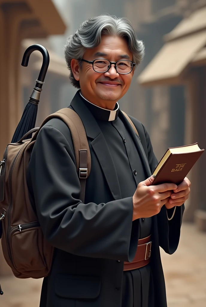 Create a Star Wars style image of a 63-year-old Latino man,indigenous brunette face, using reading glasses, gray curly hair, Side-parted hairstyle and formal dress, holding a bible in his left hand and pointing at the bible with his index finger of his right hand, smiling placidly, He doesn't have a beard or a moustache and looks clean shaven., In the book it should only say BIBLE,without images, He carries a backpack and an umbrella hanging from the same backpack