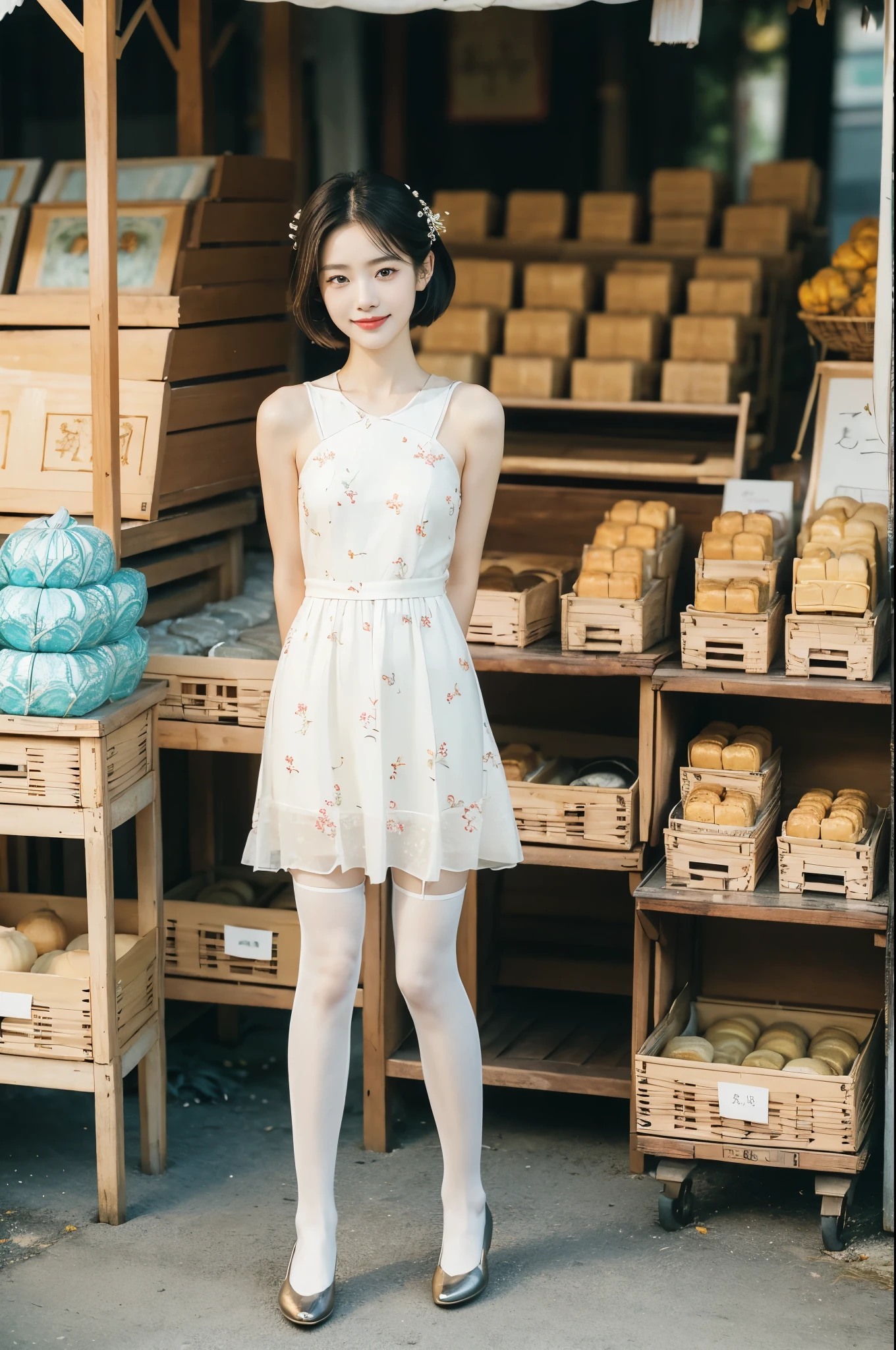 (((best quality))),(((ultra detailed))),(((masterpiece))),illustration,((1 beautiful girl,solo)),(straight bob:1.2),((slim,thin)),((small breasts,flat chest)),delicate face, twinkling eyes,(osmanthus flower dress:1.3),(slender legs:1.2),(stockings:1.3),(loafers:1.2),(standing:1.3),(arms behind back:1.2),fair complexion,(bustling market:1.3),(stall full of mooncakes:1.3),curiosity,delight,promotional,haggling,intricate patterns,Mid-Autumn Festival atmosphere, flaky, smile, sweet, fragrant filling, delightful contrast, salty exterior, eyes widen, pleasure, exploring,excitement, box, joyful anticipation, festive spirit, vibrant atmosphere, enchanting appearance, lively scene, captivating, timeless image,(outdoor:1.2),(bright sunshine:1.3),(day scene:1.3),((from front,full body)),(surrounded by crowded crowds:1.3)