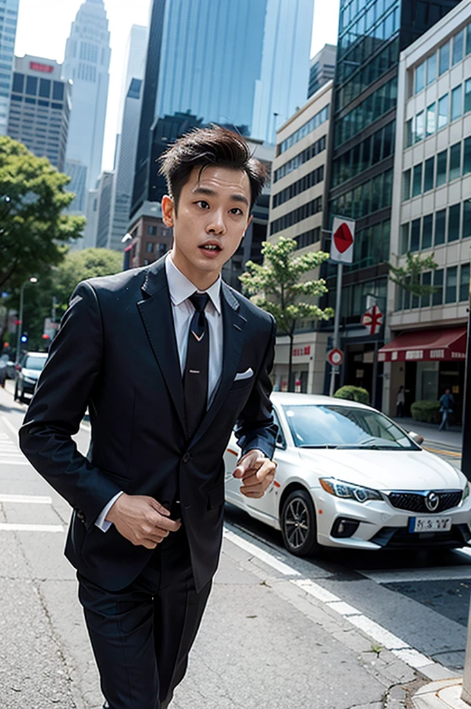 A man in a suit and tie is running on the sidewalk, Drive through the city, Walk to work, running quickly towards the camera, In full stride, Fast movement, Run Free, Man walking through city, Running towards the camera, Dynamic low angle shot, Running towards the camera, Man walking, by Yokoyama Taikan, Walk to work with a briefcase　Flashy clothes