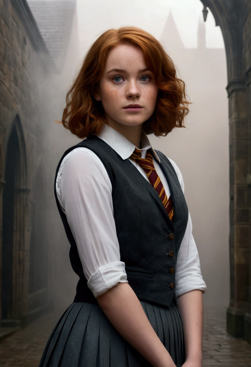 An illustrated movie poster, hand-drawn, full color, a teenage Hogwarts student, 18-years-old, female, wearing a charcoal vest and a pleated skirt, athletic hourglass figure, full wide hips, massive round butt, long shapely legs, ridiculously thick powerful thighs, vibrant eyes, deep dark auburn hair, short curly bob cut, flushed sun-kissed complexion, freckles, resembles Genevieve O'Reilly, standing in a foggy Hogwarts courtyard, surrounded by mist, graphite shading, stencil marks, airbrushed acrylic paint, masterpiece, close-up shot, in the style of the Deathly Hallows 