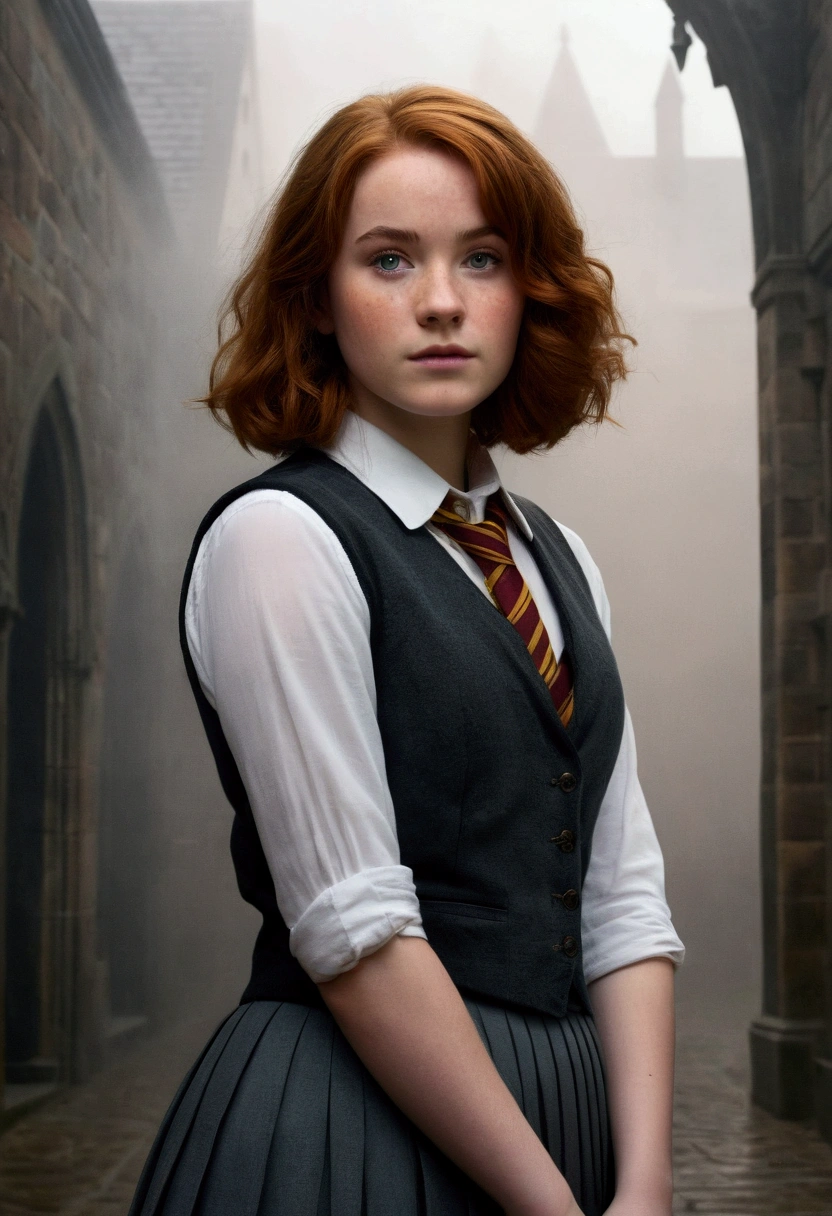 An illustrated movie poster, hand-drawn, full color, a age Hogwarts student, 18-years-old, female, wearing a charcoal vest and a pleated skirt, athletic hourglass figure, full wide hips, massive round butt, long shapely legs, ridiculously thick powerful thighs, vibrant eyes, deep dark auburn hair, short curly bob cut, flushed sun-kissed complexion, freckles, resembles Genevieve O'Reilly, standing in a foggy Hogwarts courtyard, surrounded by mist, graphite shading, stencil marks, airbrushed acrylic paint, masterpiece, close-up shot, in the style of the Deathly Hallows