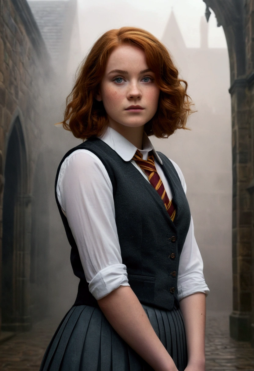 An illustrated movie poster, hand-drawn, full color, a age Hogwarts student, 18-years-old, female, wearing a charcoal vest and a pleated skirt, athletic hourglass figure, full wide hips, massive round buttng shapely legs, ridiculously thick powerful thighs, vibrant eyes, deep dark auburn hair, short curly bob cut, flushed sun-kissed complexion, freckles, resembles Genevieve O'Reilly, standing in a foggy Hogwarts courtyard, surrounded by mist, graphite shading, stencil marks, airbrushed acrylic paint, masterpiece, close-up shot, in the style of the Deathly Hallows