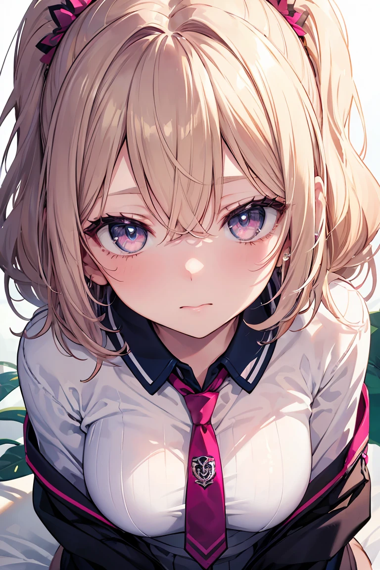 masterpiece, absurdres, best quality, ultra detailed, high Resolution, detailed illustration, bright colour, (extremely beautiful detailed face and eyes, Delicate beautiful face, 1 girl, 18yo, cute face:1.3), (magenta eyes:1.1), sparkling eyes, big eyes, (medium breasts:1.3), (perky breasts:1.1), (pointy breasts:1.1), medium hips, glamorous body, white skin, BREAK, (blonde hair:0.8), messy hair, detailed hair, shiny hair, BREAK (school uniform, undressed:1.3), perfect lighting, (ecstasy, vulgarity:1.5), (Embarrassed:1.3), mattress, (Blowjob, Excess cum, cum on face:1.3), 