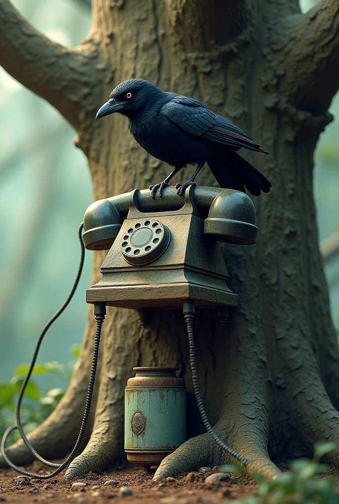 Telephone is ringing n tree. A crow sit on telephone. A cylinder is under the tree. A compass is roaming
