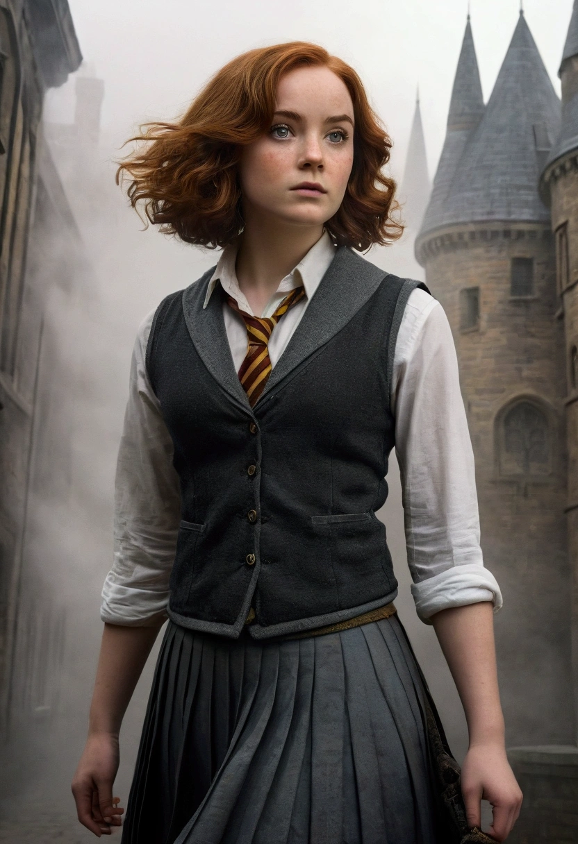 An illustrated movie poster, hand-drawn, full color, a teenage Hogwarts student, 18-years-old, female, wearing a charcoal vest and a pleated skirt, athletic hourglass figure, full wide hips, massive round butt, long shapely legs, ridiculously thick powerful thighs, vibrant eyes, deep dark auburn hair, short curly bob cut, flushed sun-kissed complexion, freckles, resembles Genevieve O'Reilly, standing in a foggy Hogwarts courtyard, surrounded by mist, graphite shading, stencil marks, airbrushed acrylic paint, masterpiece, close-up shot, in the style of the Deathly Hallows