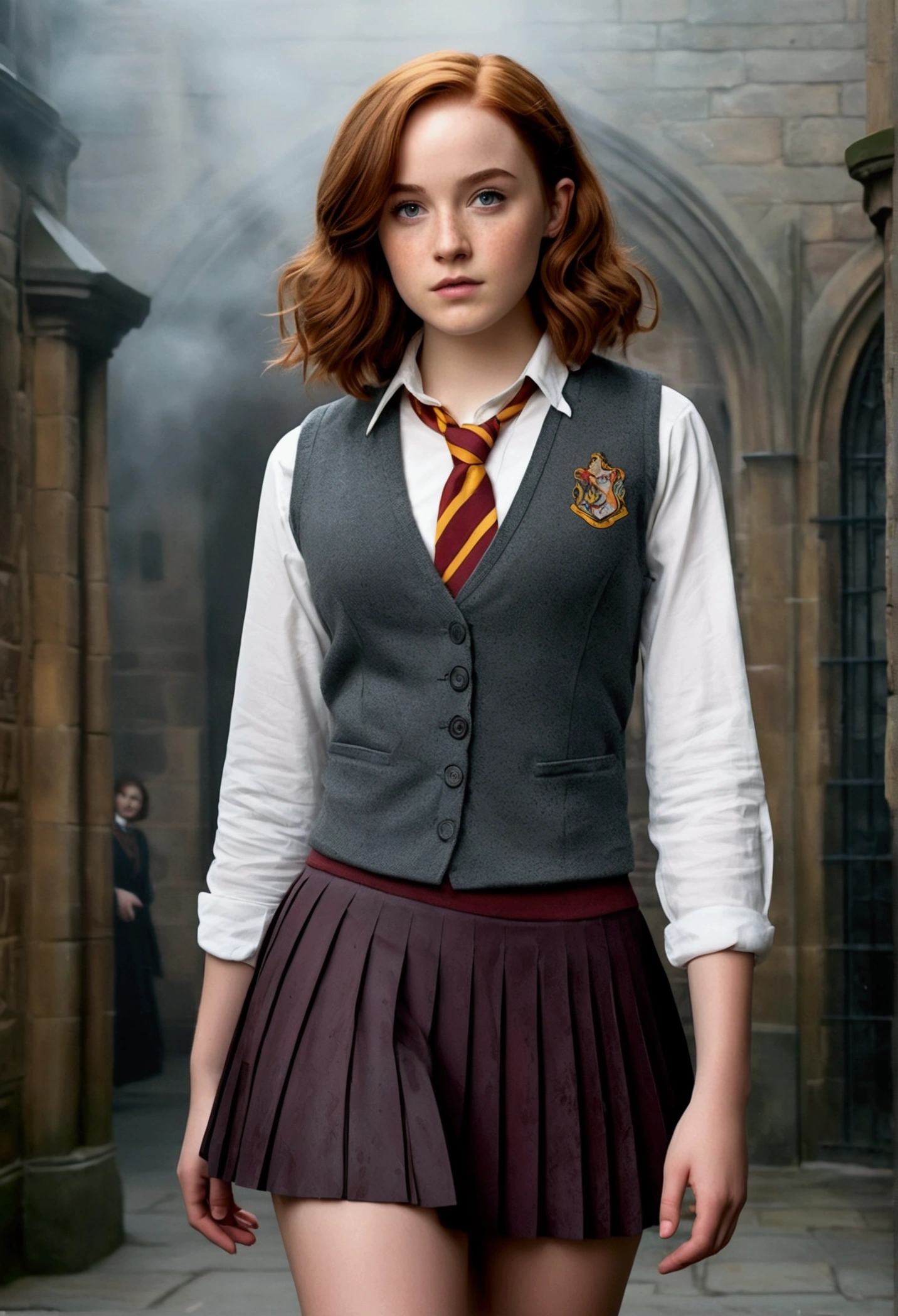 An illustrated movie poster, hand-drawn, full color, a teenage Hogwarts student, 18-years-old, female, wearing a charcoal vest and a pleated skirt, athletic hourglass figure, full wide hips, massive round butt, long shapely legs, ridiculously thick powerful thighs, vibrant eyes, deep dark auburn hair, short curly bob cut, flushed sun-kissed complexion, freckles, resembles Genevieve O'Reilly, standing in a foggy Hogwarts courtyard, surrounded by mist, graphite shading, stencil marks, airbrushed acrylic paint, masterpiece, close-up shot, in the style of the Deathly Hallows 