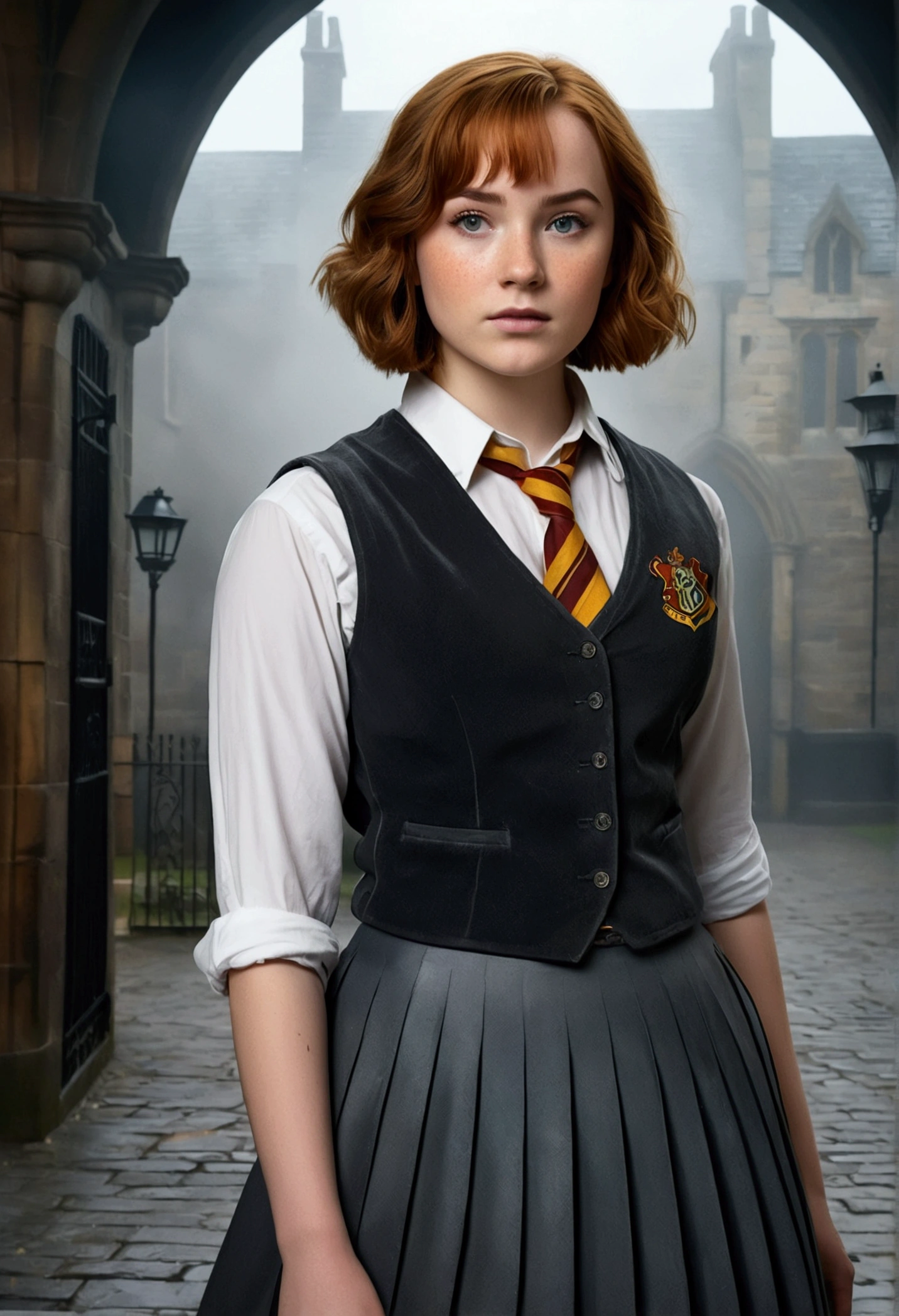 An illustrated movie poster, hand-drawn, full color, a age Hogwarts student, 18-years-old, female, wearing a charcoal vest and a pleated skirt, athletic hourglass figure, full wide hips, massive round butt, long shapely legs, ridiculously thick powerful thighs, vibrant eyes, deep dark auburn hair, short curly bob cut, flushed sun-kissed complexion, freckles, resembles Genevieve O'Reilly, standing in a foggy Hogwarts courtyard, surrounded by mist, graphite shading, stencil marks, airbrushed acrylic paint, masterpiece, close-up shot, in the style of the Deathly Hallows