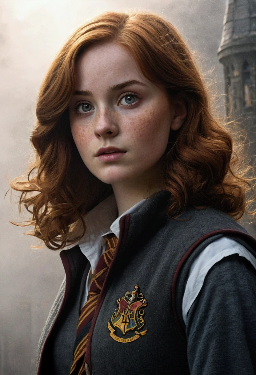 An illustrated movie poster, hand-drawn, full color, a age Hogwarts student, 18-years-old, female, wearing a charcoal vest and a pleated skirt, athletic hourglass figure, full wide hips, massive round butt, long shapely legs, ridiculously thick powerful thighs, vibrant eyes, deep dark auburn hair, short curly bob cut, flushed sun-kissed complexion, freckles, resembles Genevieve O'Reilly, standing in a foggy Hogwarts courtyard, surrounded by mist, graphite shading, stencil marks, airbrushed acrylic paint, masterpiece, close-up shot, in the style of the Deathly Hallows