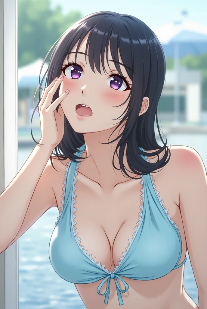 An Asian woman in a blue bikini leaning against a white wall, Young and cute gravure idol, kimi takemura, Young Gravure Idol, Young Sensual Gravure Idol, My motto is Teshirogi, realistic Young Gravure Idol, Yasumoto Oka, Chiho, Yoshitomo Nara, Young and skinny gravure idol