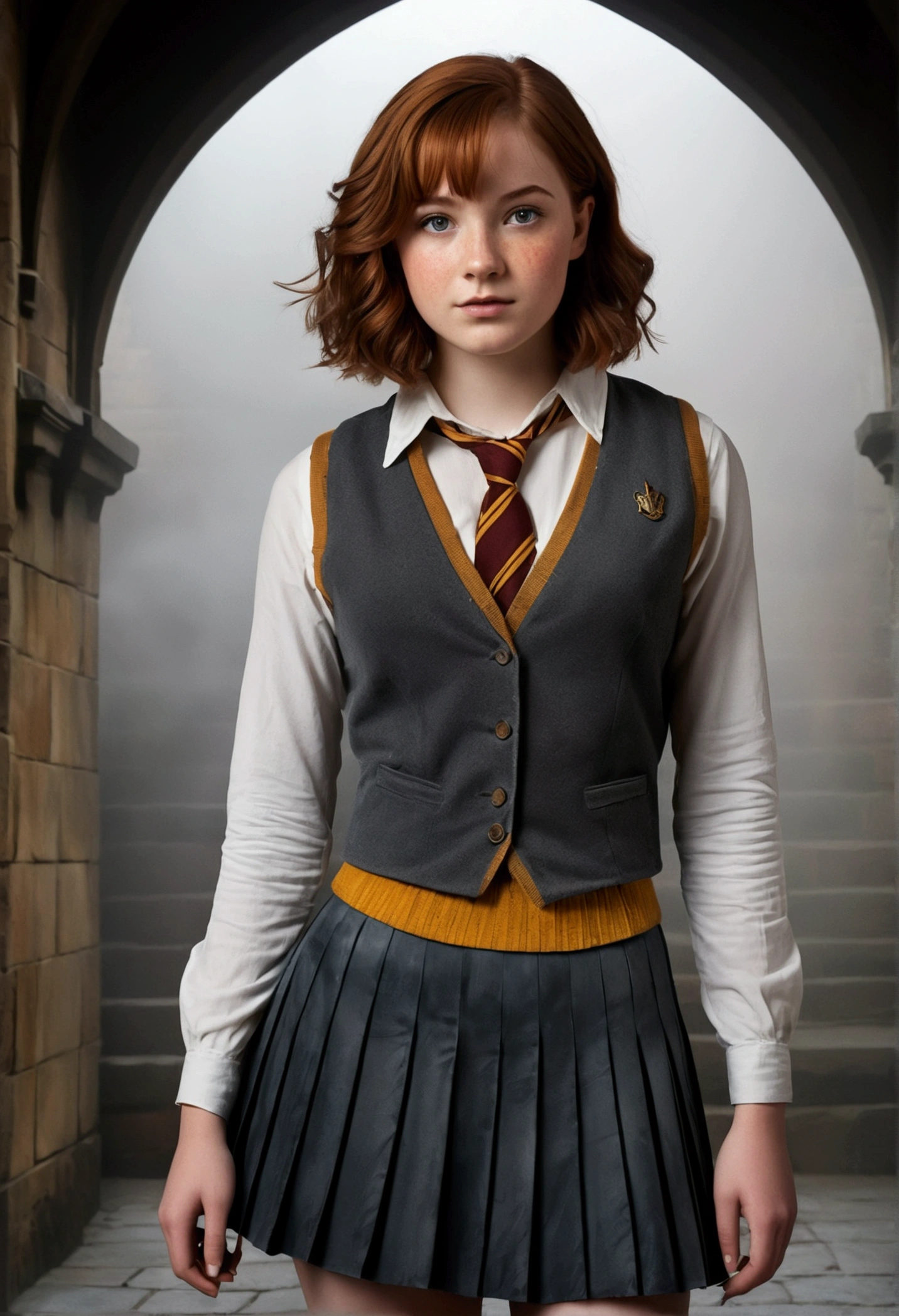 An illustrated movie poster, hand-drawn, full color, a age Hogwarts student, 18-years-old, female, wearing a charcoal vest and a pleated skirt, athletic hourglass figure, full wide hips, massive round butt, long shapely legs, ridiculously thick powerful thighs, vibrant eyes, deep dark auburn hair, short curly bob cut, flushed sun-kissed complexion, freckles, resembles Genevieve O'Reilly, standing in a foggy Hogwarts courtyard, surrounded by mist, graphite shading, stencil marks, airbrushed acrylic paint, masterpiece, close-up shot, in the style of the Deathly Hallows
