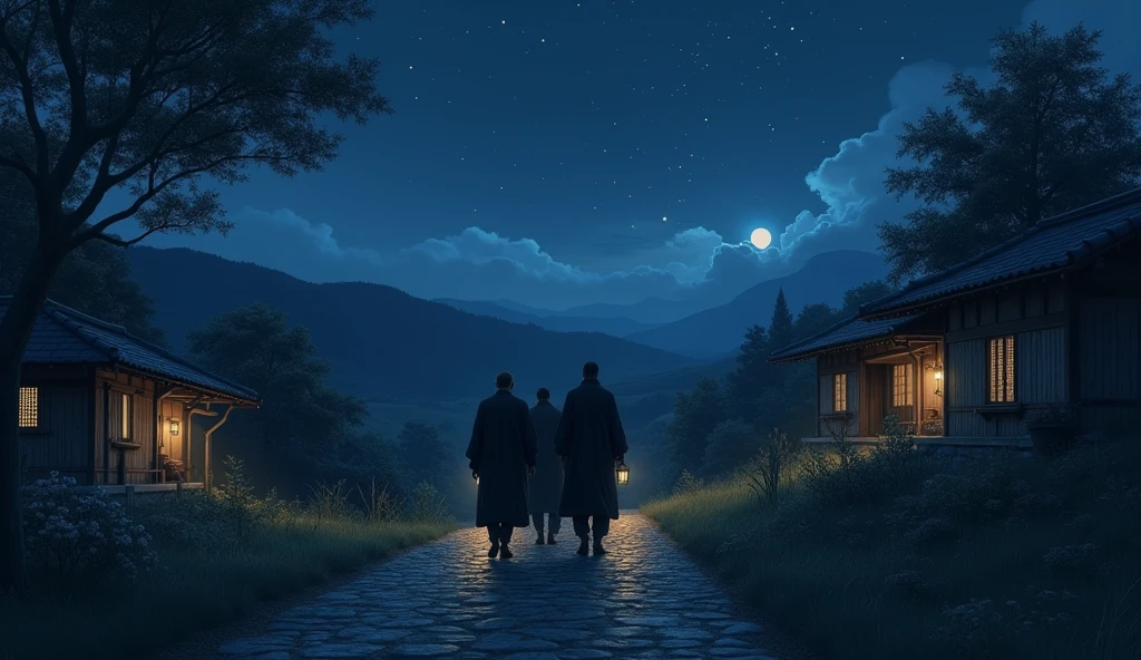 Men walk in the midnight in village 
