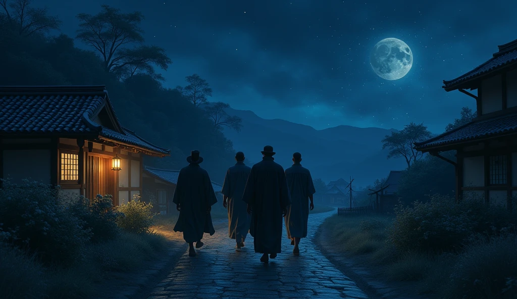 Men walk in the midnight in village