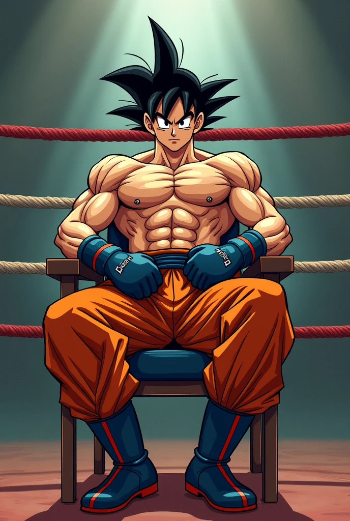 Draw Son Goku sitting on a chair and relaxing on top of a boxing ring with his top off in the Dragon Ball manga style. He must be wearing gloves. Draw the drawing style in a theatrical scale.