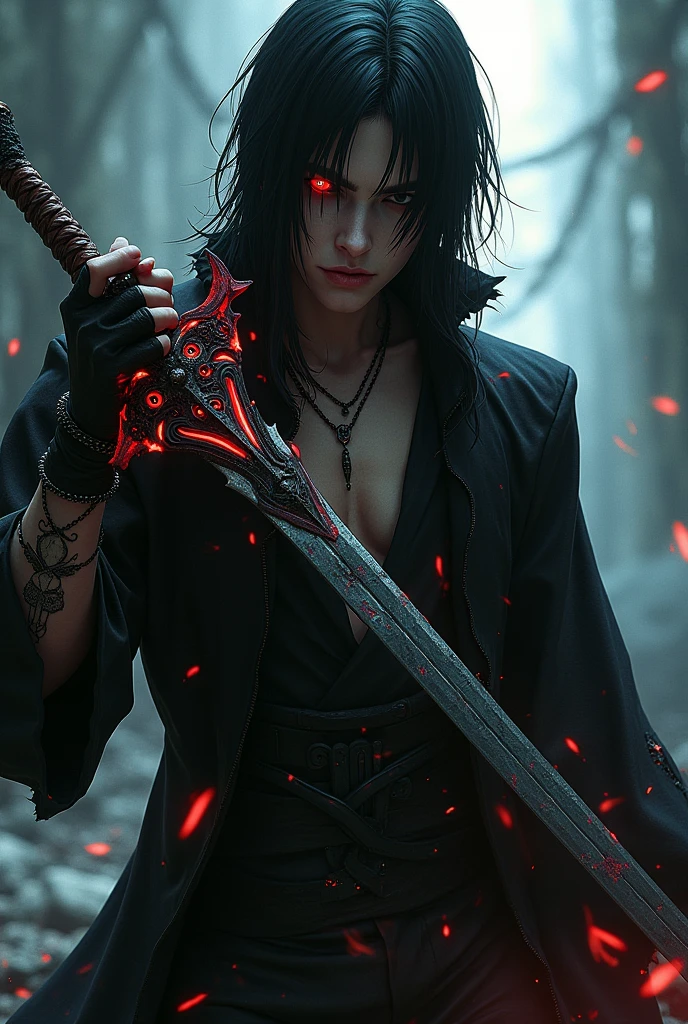 male character with black hair, one red eye and the other black, holding a demonic sword with his clothes all torn