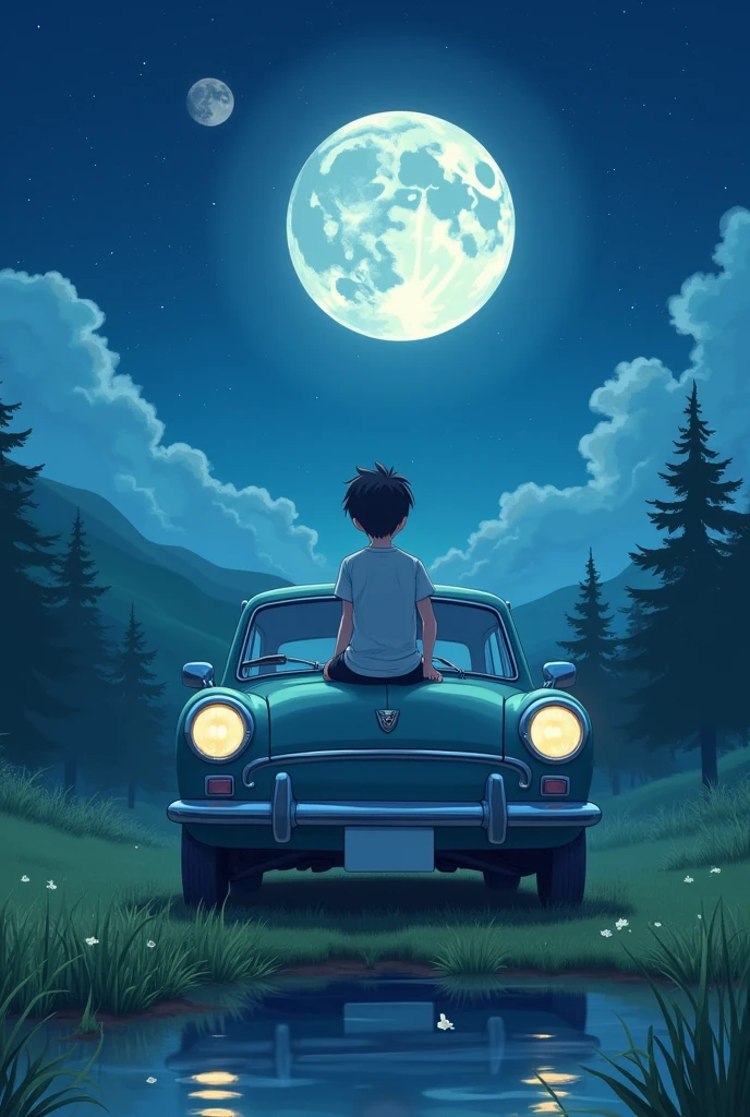 A wallpaper for phone in anime style with peaceful Invironment and a car a boy sit and watching the moon