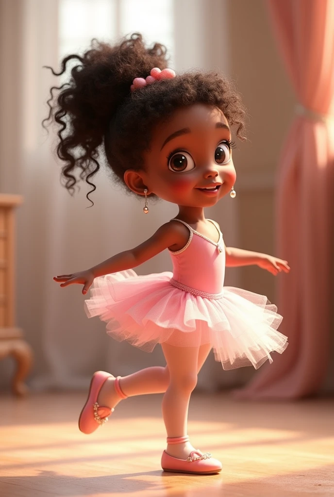 a 4 year old,with dark skin and dark brown curly hair, wearing a light pink ballerina outfit with a pearl slipper design with a ballerina bun and some loose curls, with light pink shoes, body image in, character posing, (Pixar-style) (master part:1.2) (bokeh) (best qualityer) (skin detailed) (detailed texture) (8k) (Argilla) (cinematic lighting) (sharp focus