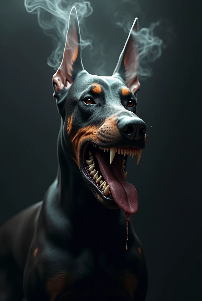 Doberman, smoke comes out of his eyes, mouth is wide open, sharp teeth, brutal