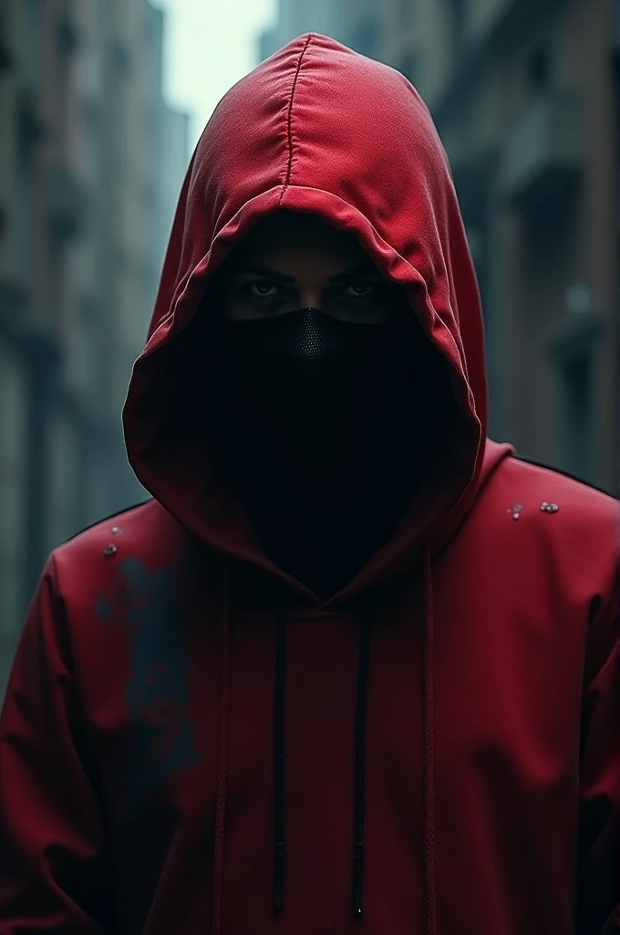 Man with black full face black mask and red hoodie 