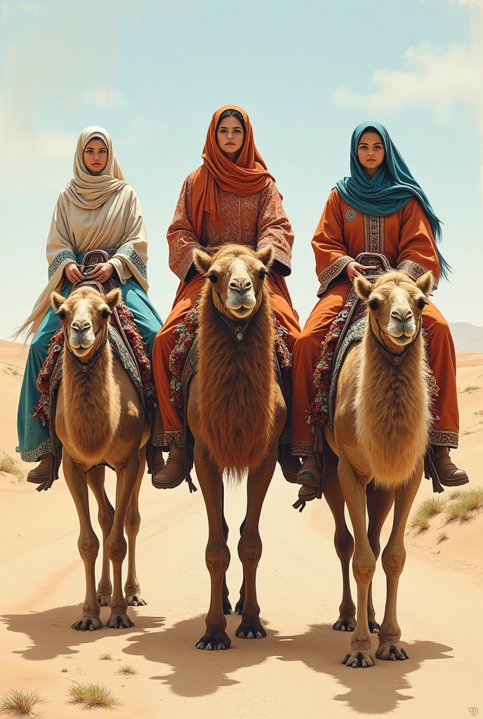 drawn in drawing form, Three women (of different appearances from each other) They wear typical Middle Eastern clothing and are in a desert, each riding a camel.