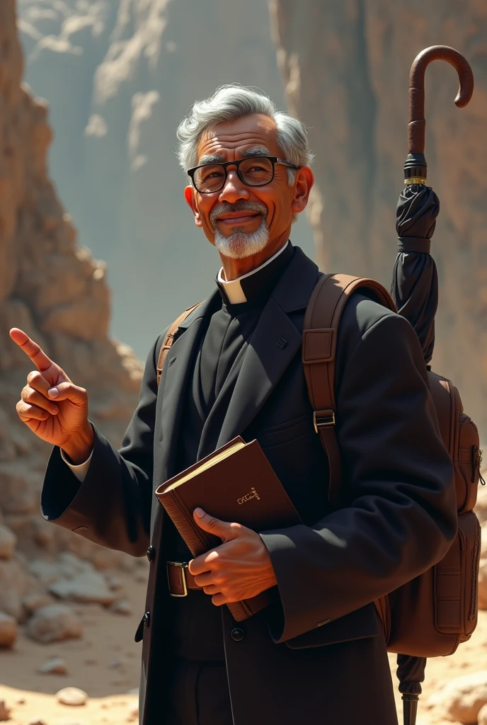 Create a Star Wars style image of a 63-year-old Latino man,indigenous brunette face, using reading glasses, gray curly hair, Side-parted hairstyle and formal dress, holding a bible in his left hand and pointing at the bible with his index finger of his right hand, smiling placidly, He doesn't have a beard or a moustache and looks clean shaven., In the book it should only say BIBLE,without images, He carries a backpack and an umbrella hanging from the same backpack
