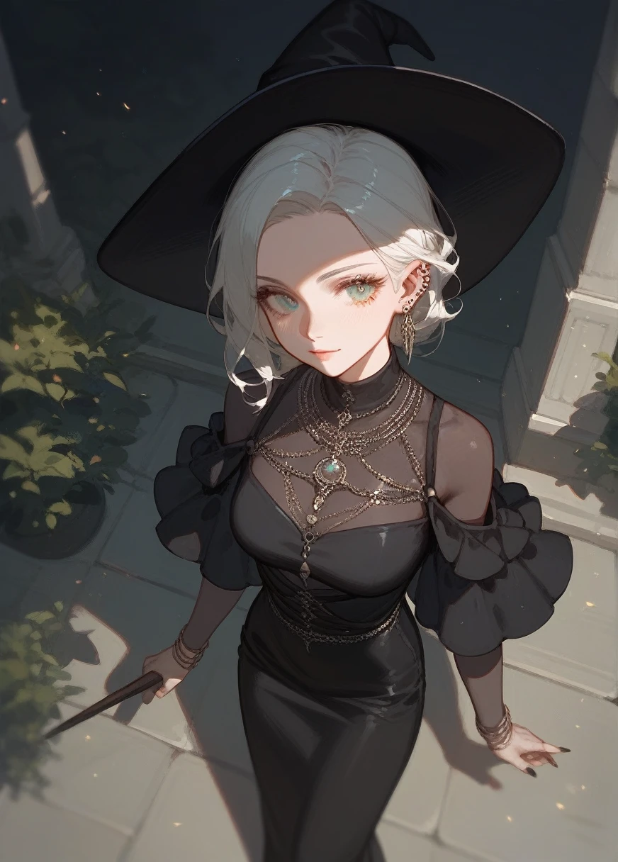 (to check_5,to check_6_High above,to check_4_High above),1 older woman , black gown, robusta, piercing look ,features of an older woman in her 25s, with a witch&#39;s outfit 