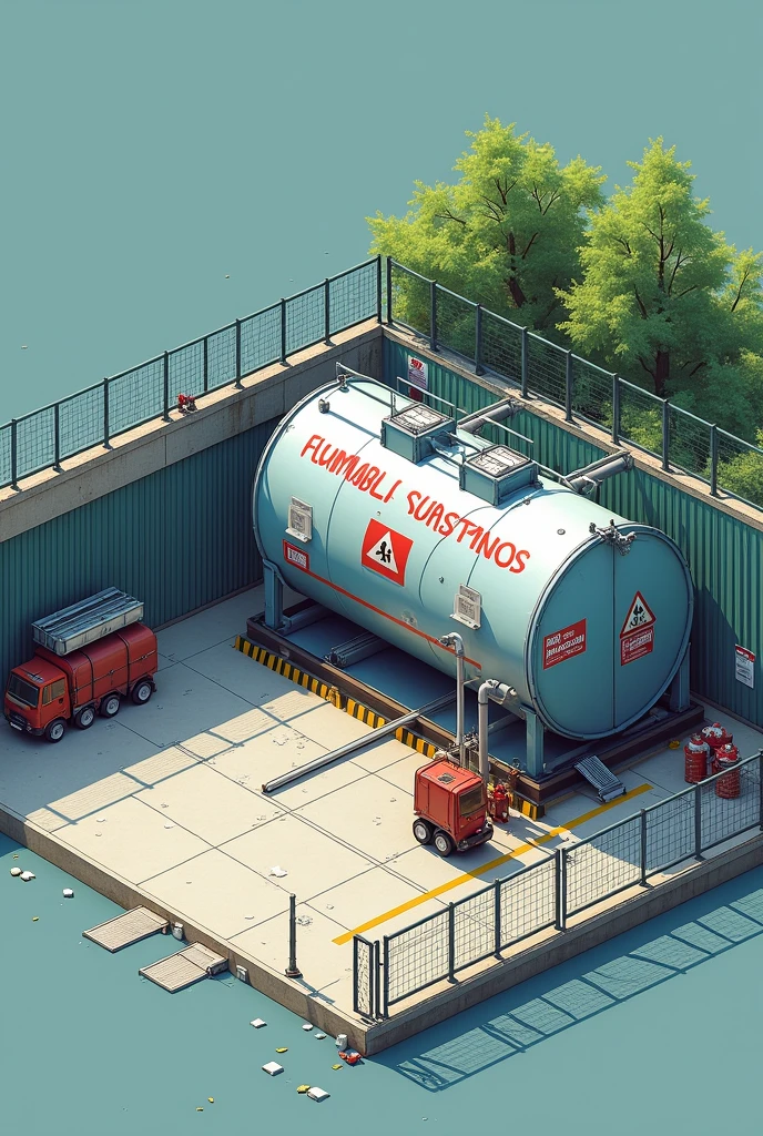 Start by sketching out your storage area.:Draw a straight line to define the storage area as a rectangle..Add details to the fence around the area to prevent unauthorized access..Drawing of chemical storage tank:วาดถังorบรรจุภัณฑ์ที่จัดเก็บสารเคมีในตำแหน่งที่เหมาะสม เช่น บนแท่นที่ป้องกันการรั่วไหล.Include details of the warning label on the tank, such as: "Flammable substances" or "No smoking".Add fire protection equipment:วาดถังดับเพลิงและระบบสปริงเกอร์ใกล้กับพื้นที่จัดเก็บ วาดหลังคาorโครงสร้างป้องกันแสงแดดเหนือพื้นที่จัดเก็บ.Enter other details:Add restricted area signs and walking routes in the surrounding area..This storage area is 15 meters away from other buildings.