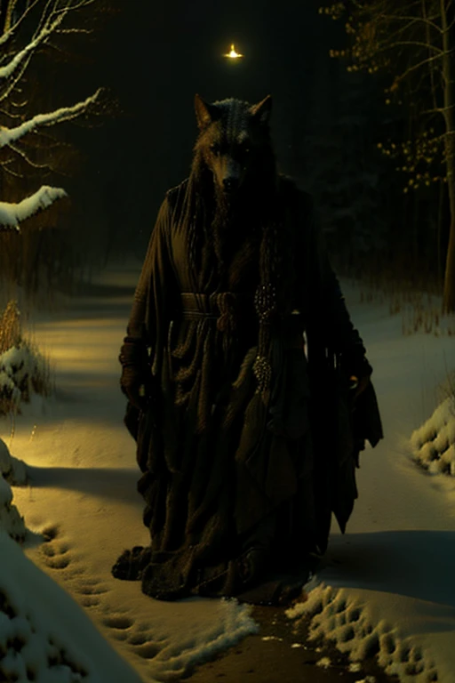 create a man and a wolf alone in the dark winter