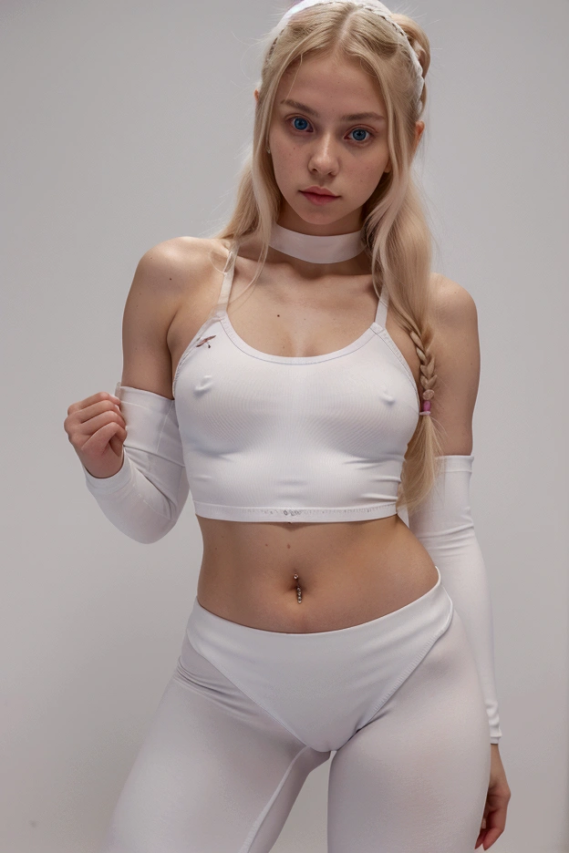 photo by full body. 18 year old young woman, Russian, blonde, rosto angelical, shoulder length hair, clear eyes, medium breasts. She wears white leggings and a braless top, showing her stomach with a belly button piercing.. Wears white and pink Nike Shox sneakers with leg warmers.