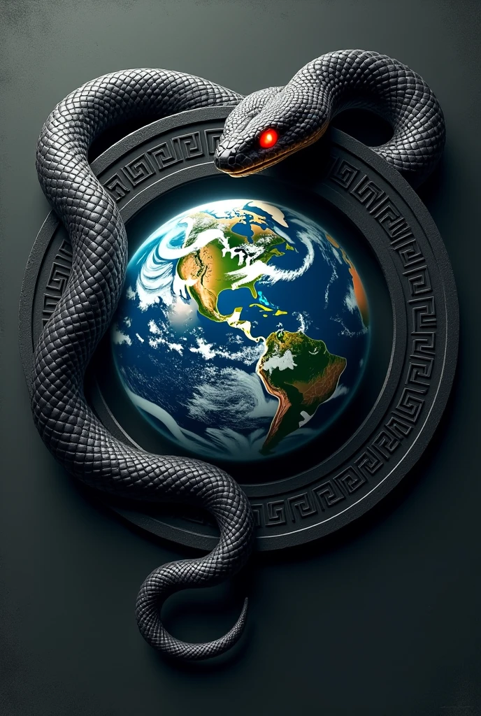 planet earth inside a greek style circle in black lines, red-eyed black mamba snake whit black and white
