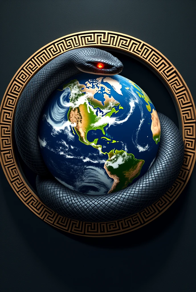 planet earth inside a greek style circle in black lines, red-eyed black mamba snake whit black and white
