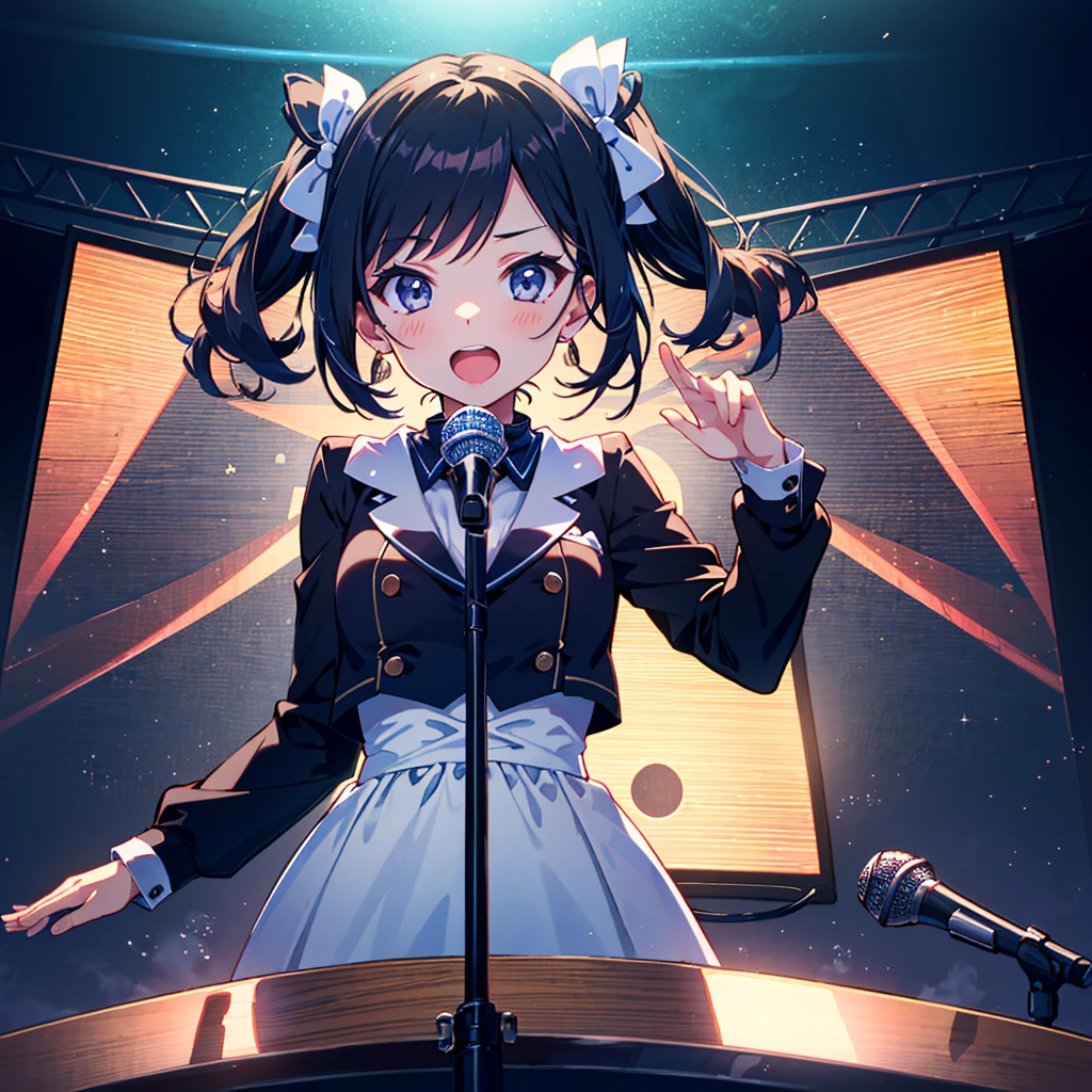 {{{Masterpiece, highest quality, high resolution background}}}, bright and beautiful atmosphere, 1 girl (, round face, baby face), small breasts, inside a karaoke box, 3 microphones on the desk A girl singing with a microphone, a cute girl, a girl clapping, "deltamon_sdXL :0.73)>Deltamon"