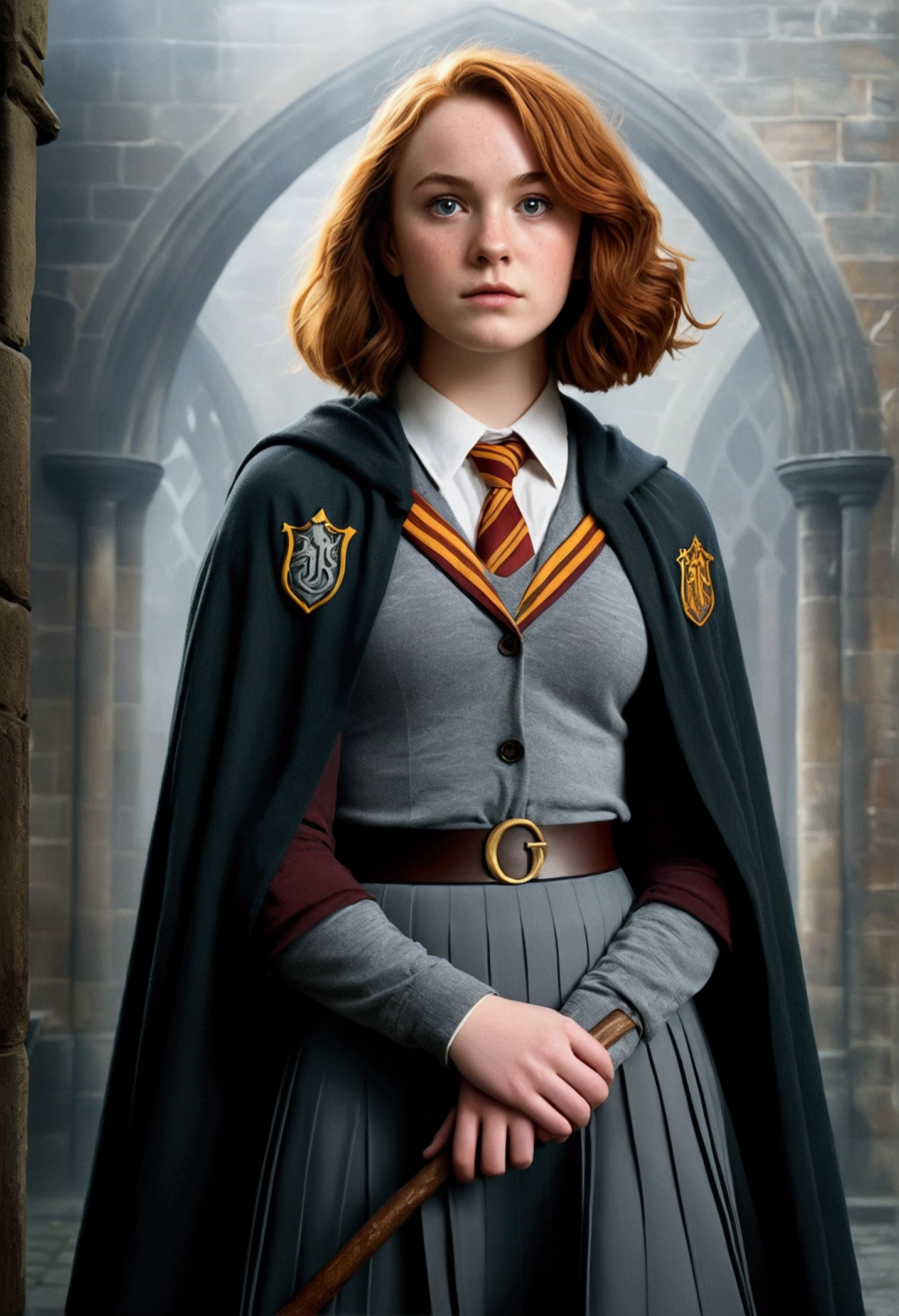An illustrated movie poster, hand-drawn, full color, a teenage Hogwarts student, 18-years-old, female, wearing a hogwarts cloak and a pleated skirt, athletic hourglass figure, full wide hips, massive round butt, long shapely legs, ridiculously thick powerful thighs, vibrant eyes, deep dark auburn hair, short curly bob cut, flushed sun-kissed complexion, freckles, resembles Genevieve O'Reilly, standing in a foggy Hogwarts courtyard, surrounded by mist, graphite shading, stencil marks, airbrushed acrylic paint, masterpiece, close-up shot, in the style of the Deathly Hallows