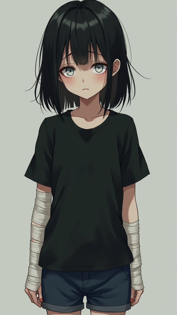 Girl with pale skin and medium-length black hair. The eyes are white. in a black tee shirt. navy blue shorts.Blade cuts and self-mutilation remain under the bandages. She suffers from self-harm. She is short in stature, 167-168 cm. Weight 47 kg.