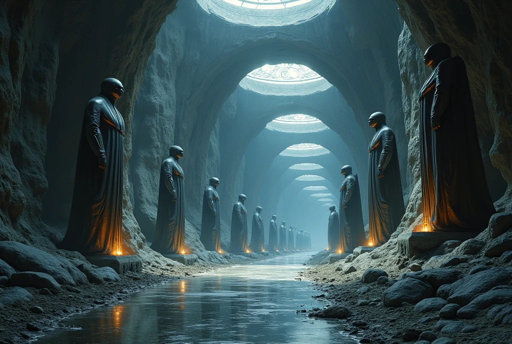 A scene in the painting style of Jan Matejko, depicting a huge underground cave and the mysterious architecture of an alien civilization inside. Futuristic objects made of steel and glass contrast with the raw walls of the cave. Along the main avenue there are a number of statues of mysterious figures. The whole thing is in dark tones, illuminated with mysterious light creating interesting chiaroscuro and reflections of smooth and shiny elements of alien architectural objects.