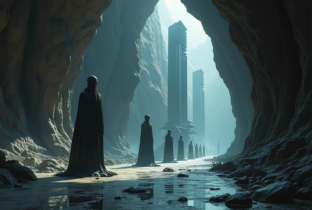 A scene in the painting style of Jan Matejko, depicting a huge underground cave and the mysterious architecture of an alien civilization inside. Futuristic objects made of steel and glass contrast with the raw walls of the cave. Along the main avenue there are a number of statues of mysterious figures. The whole thing is in dark tones, illuminated with mysterious light creating interesting chiaroscuro and reflections of smooth and shiny elements of alien architectural objects.