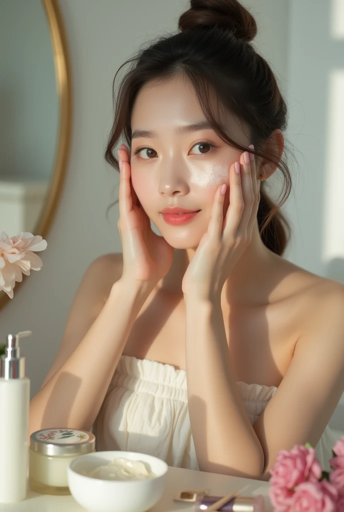 Photo of a Korean younger lady using face cream and makeup